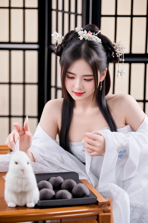 there is a woman in a white dress sitting at a table with a bunny, palace ， a girl in hanfu, white hanfu, wearing ancient chinese clothes, with acient chinese clothes, chinese girl, hanfu, chinese costume, gorgeous chinese model, traditional chinese, tradi...