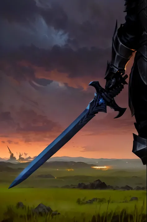 anime style illustration of a man in armor holding a sword, infinity blade concept art, immensely detailed scene, holds a black sword, sword pointed at sky, black iron sword, with large sword, dragon age concept art, dark sword in aress hand, holding sword...