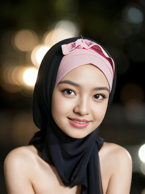 night scene, close up photo of a sexy naked malay girl with hijab, posing, look at a camera and smile, pink pastel hijab, (green eyes:0.8), cute young face, 18 yo, soft volumetric lights, (backlit:1.3), (cinematic:1.3), intricate details, (ArtStation:1.2)