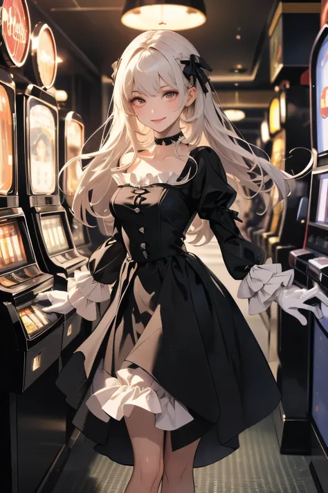 masterpiece, best quality, absurdres, RadenBase, choker, black dress, frills, long sleeves, black gloves, smile, a hallway lined with slot machines, In the dim light, only the slot machine is lit,