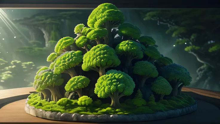 Top quality、Realist、Photorealistic、Ultra Detailed、「Broccoli pile+Elf+Japanese Architecture」inside「Southern Iceland」porcelain、Ultra wide angle、Accent Lighting、Volumetric Lighting、Backlighting、(Detailed lighting)、((Extremely refined))、dramatic_shadow、Rays_tr...