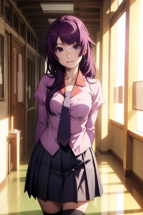 masterpiece、Highest quality、High resolution、Detailed face、Focus on the face、Anime Coloring、school hallway、Cowboy Shot、smile、sunlight、1 girl、solo、Staring at the audience、Leaning forward、Arms behind back、hitagisenjougahara、Long Hair、Medium breast、bangs、Hitag...