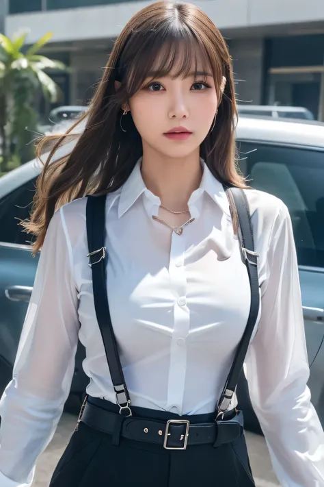 a woman in a suit, belt, hands behind back, sweating, suspenders, black pants, sexly, large breasts, see-through clothing, rain, detective, office worker, white button-up shirt, (best quality,4K,8k,highres,masterpiece:1.2),ultra-detailed,(realistic,photore...
