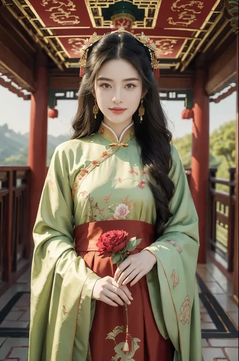 (((best quality))),(((ultra detailed))),(((masterpiece))),illustration, 1girl, Chinese palace-style castle, black long hair, starry eyes, joyful smile, red embroidered gown, phoenix and peony patterns, celebration, good fortune, spacious square,stone pavem...