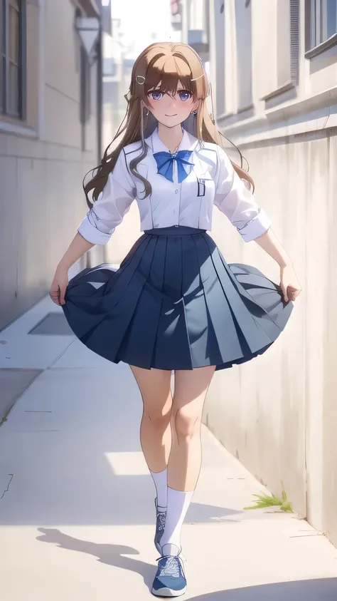 (masterpiece, Top Quality), kaede sajou, 1 girl, full body, hits, wide, blue eyes, hair clip, jewelry, earrings, medium breasts, school uniform, smile, blushing, looking at viewer, white school uniform, black suit uniform , black school skirt, bow tie, whi...