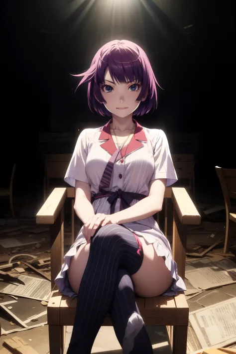 masterpiece、Highest quality、High resolution、Detailed face、Face focus、Anime Coloring、(Dilapidated and empty ruins:1.5、Pitch black background、Spotlight only on girls,Sitting in a chair、Sitting with legs crossed:1.5、Sitting gracefully)、(From below:1.2)、One gi...