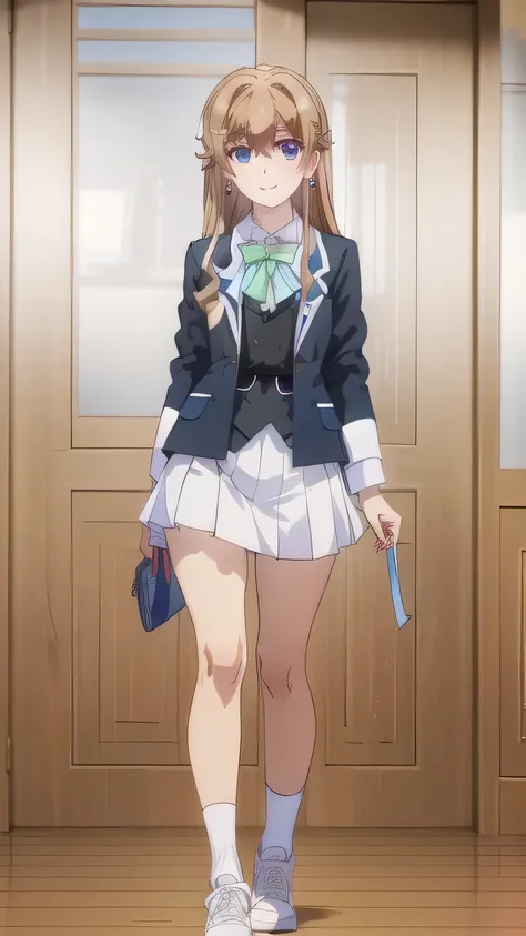 (masterpiece, Top Quality), kaede sajou, 1 girl, full body, hits, wide, blue eyes, hair clip, jewelry, earrings, medium breasts, school uniform, smile, blushing, looking at viewer, white school uniform, black suit uniform , black school skirt, bow tie, whi...
