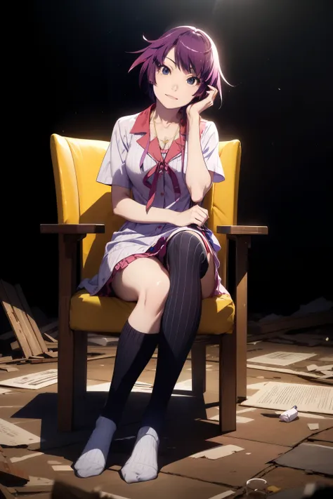 masterpiece、Highest quality、High resolution、Detailed face、Face focus、Anime Coloring、(Dilapidated and empty ruins:1.5、Pitch black background、Spotlight only on girls,Sitting in a chair、Sitting with legs crossed:1.5、Sitting gracefully)、(From below:1.2)、One gi...