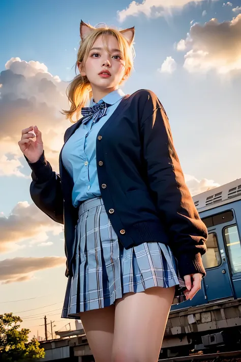 Masterpiece, 4K, bokeh, (School uniform:1.3), (Bright Blonde hair:1.6), (ponytail:1.2),(Blushed face:1.3), (Plump breast:1.2),  (Cat ears:1.3),

(From below:1.5),(Sundown train station:1.2), (Orange beautiful sky and clouds:1.6)

BREAK (cute school uniform...