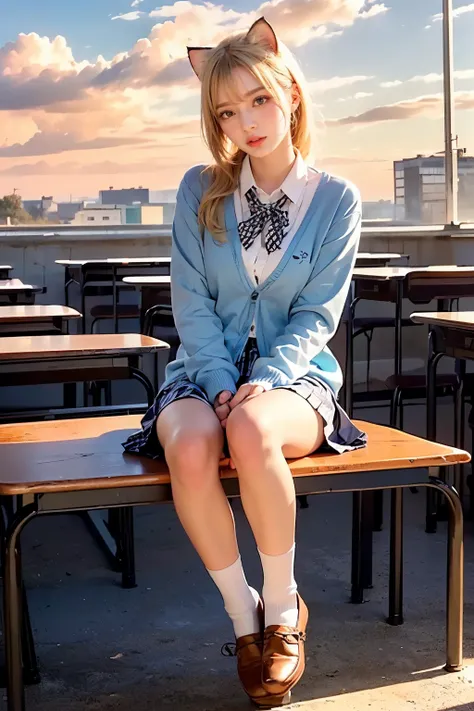 Masterpiece, 4K, bokeh, (School uniform:1.3), (Bright Blonde hair:1.6), (ponytail:1.2),(Blushed face:1.3), (Plump breast:1.2),  (Cat ears:1.3),

 (Full body shot:1.3),(Sundown classroom:1.2), (Orange beautiful sky and clouds:1.6)

BREAK (cute school unifor...