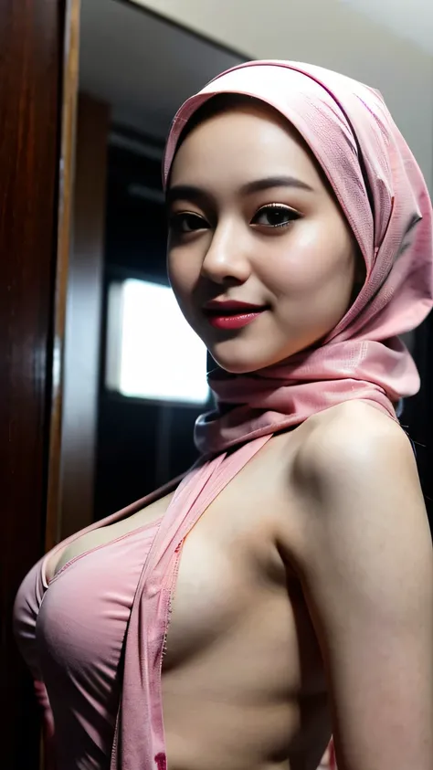 night scene, close up photo of a sexy naked malay girl with hijab, posing, look at a camera and smile, pink pastel hijab, (green eyes:0.8), cute young face, 18 yo, soft volumetric lights, (backlit:1.3), (cinematic:1.3), intricate details, (ArtStation:1.2)