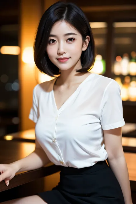 Highest quality, Soft Light, Beautiful gradation, Ultra-high resolution, (Realistic:1.4), RAW Photos, night, Working Women, secretary, whole body, Knee Shot, Holding a cocktail in hand, Of Japanese, woman, her 40s, alone, (pupil, Light in your eyes), Beaut...