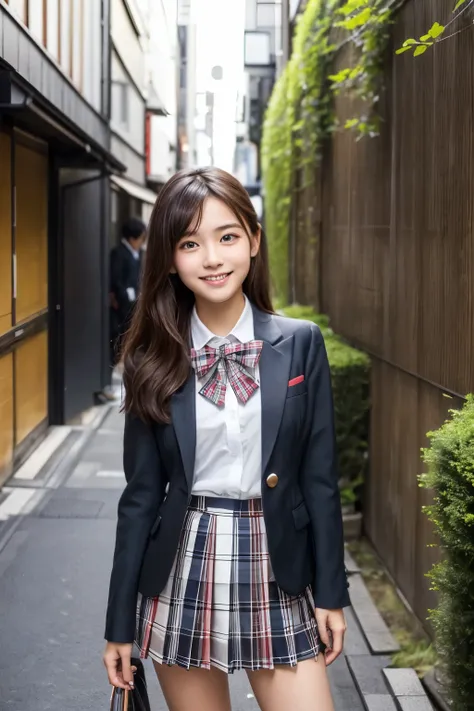 1 young girl,very cute and beautiful japanese teen actress,highly detailed beautiful face, looking at viewer,smile,happy,blazer school uniform,ribbon,pleated plaid mini skirt, narrow alley in tokyo,stone wall in front of modern building,hotel signage,trees...