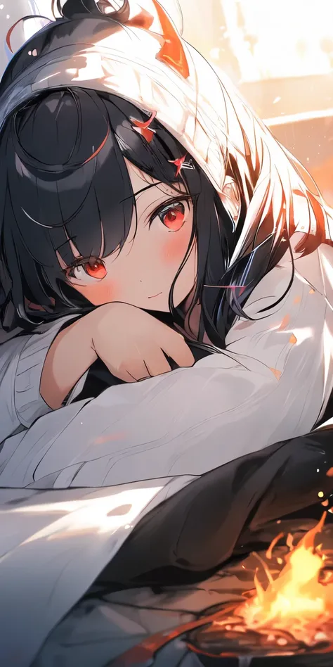 1girl, black hair, red eyes, fire witch, blood, light particles, light rays, wallpaper, high contrast, colorful