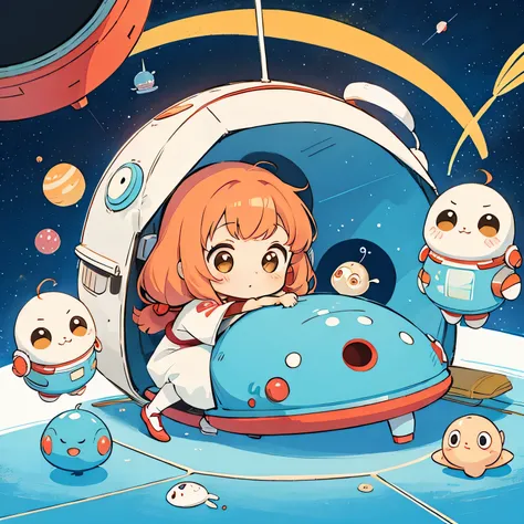 Hayao Mayazaki style, Kawaii Design, The most beautiful girl of all time、chibi, Cute Aliens, Space Travel, Mars, Inside the spaceship