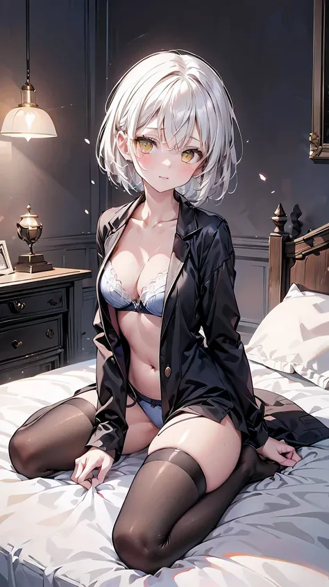 A small  girl with a well developed body and large breasts. Short white hair and bright yellow eyes. Wears revealing black pajamas with a white bra and black thigh-high stockings. Shes kneeling on the bed, In a room, the half-dimmed light of the lamp illum...