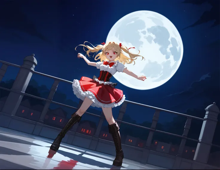 1girl, solo, dutch angle, acrobatic pose, Diabolical, Gloomy painting style，
Anime Girls, white shirts, red corset, red frills skirt, blonde, brown long boots, black leather grove, two side up, red eye,  
red full moon, night sky, night, red moonlight,
Sco...