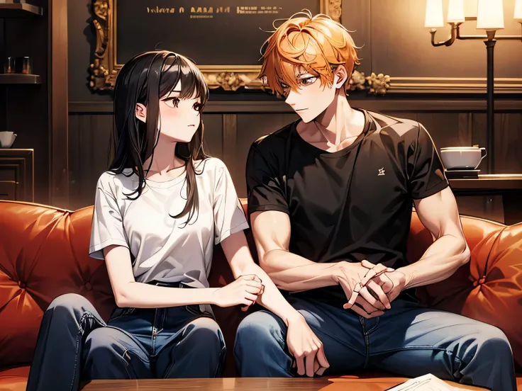 Inside a modern-style café, a high school-aged male with orange short hair, wearing a black short-sleeve shirt and jeans, and a female with long black hair, wearing a blue shirt, are sitting side by side on a sofa. The scene captures their relaxed and casu...