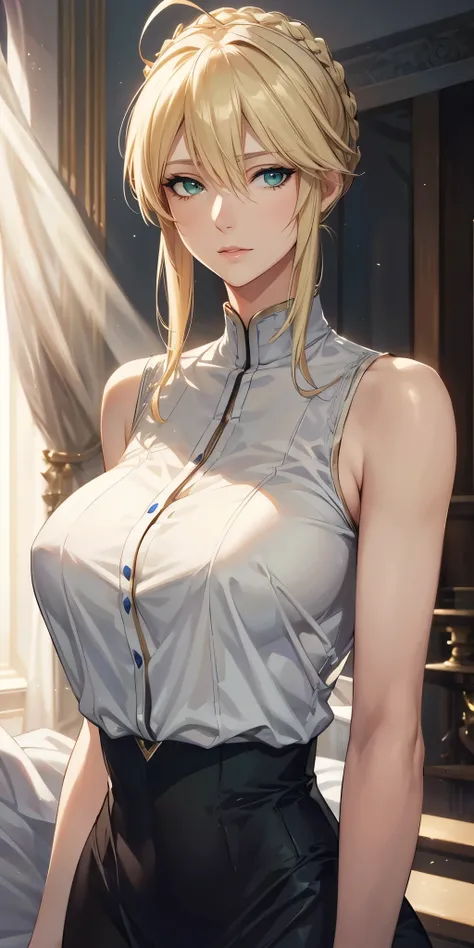 Artoria Lancer from fate grand order, pale skin, mature woman, elegant, braid bun hair, blonde hair, green eyes, curvaceous, solo, high quality cg, 4k resolution, soft light