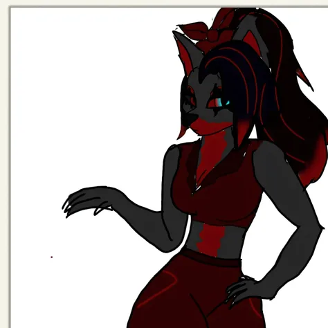 une femme en tenue rouge, Magnifique Werefox Fursona, peau grise et rouge avec un haut court rouge avec un col rouge foncé, avec un short rouge,   fursona femelle, un loup anthropologique, loup anthropomorphe femelle grise foncé sexy regard serieux, cheuve...