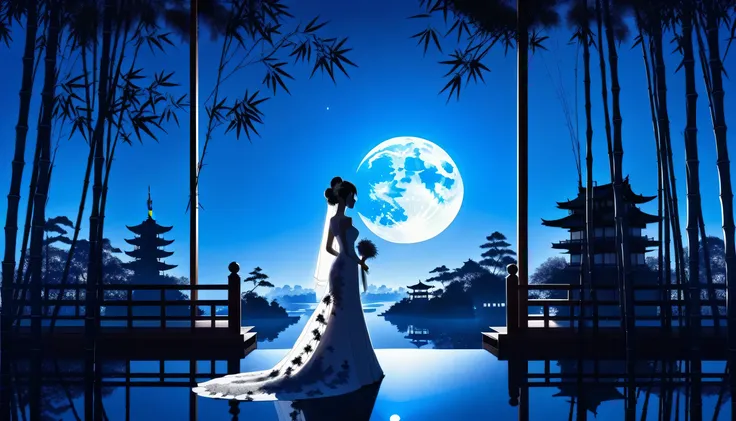 ((Silhouette Art)), 1Bridal Clothing, (Double contact:1.3), Weddings at the restaurant overlooking a Japanese garden surrounded by bamboo trees, Blue Moon, (close up), promote, complicated, (best quality, masterpiece, representative work, Official Art, pro...