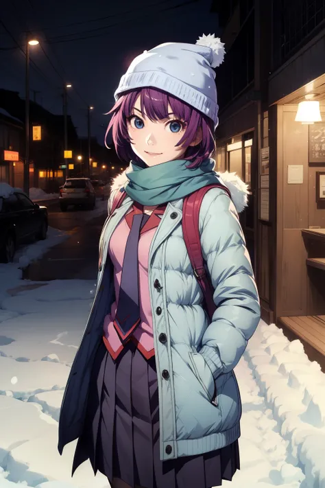 masterpiece、Highest quality、High resolution、Detailed face、hitagisenjougahara, short hair, medium breasts, beanie, school uniform, necktie, scarf, blue scarf, coat, winter clothes, naoetsu high school uniform, skirt, pleated skirt, black thighhighs, zettai ...