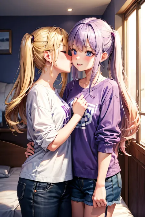 2girl, 1 blond hair, 1 purple hair, making out, kissing, casual clothes, bedroom background 