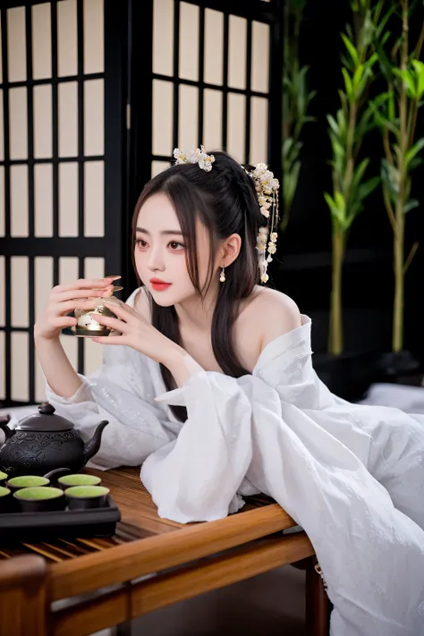 there is a woman sitting at a table with a tea pot and a bunny, palace ， a girl in hanfu, white hanfu, with acient chinese clothes, chinese girl, wearing ancient chinese clothes, hanfu, trending on cgstation, chinese style, chinese costume, traditional chi...