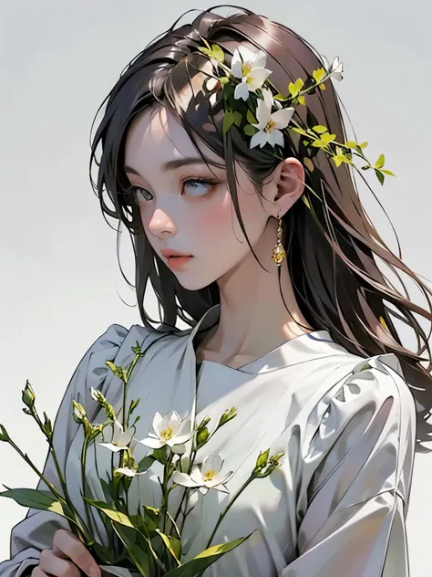 (A girl is holding a hawthorn flower:1.2)、(Accurate flower shape:1.2)、(Blur the background)、((White Background))、((Plain background))、((No logo))、(Highest quality、High resolution、masterpiece)、4K、8k、wallpaper、