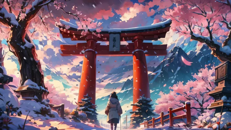 masterpiece, Concept Art, Wide-angle lens, panoramic, (Graffiti on the streets at night，There is a Torii gate in the distance), (winter), snow, Detailed Scenery, author：Shinkai Makoto, Widescreen shooting, Lane, Cherry Blossom Path, Animated films by Hayao...