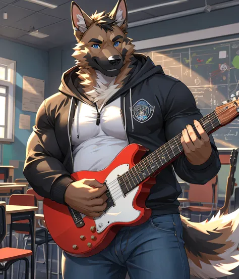 Furry,Dog German Shepherd, Blue eyes(Realistic eye detail),Have muscles and little chubby (Perfect muscle details),perfect anatomy,Handsome and smile, wears black hoodie,HDR,8K, student, music class, holding one guitar, fluffy tail