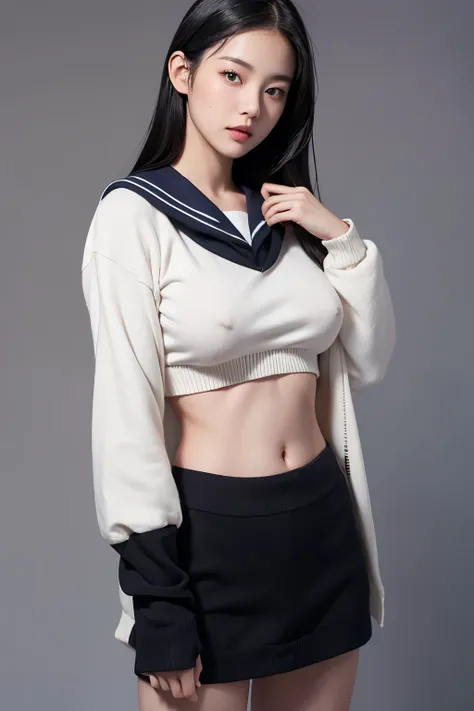 Asian、model、Black Hair、Long Hair、Big Breasts、Topless、Sailor suit、Black sweater、Black、School、A woman lifting her clothes to reveal her breasts、Gray background