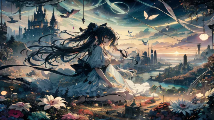 Anime girl in black dress flying in spiral vortex, Anime Fantasy Artwork, Anime fantasy illustration, Anime girl with long space hair, Epic anime artwork, Detailed anime artwork, Detailed digital anime art, Spinning black magic, Fantasy psychedelic anime, ...