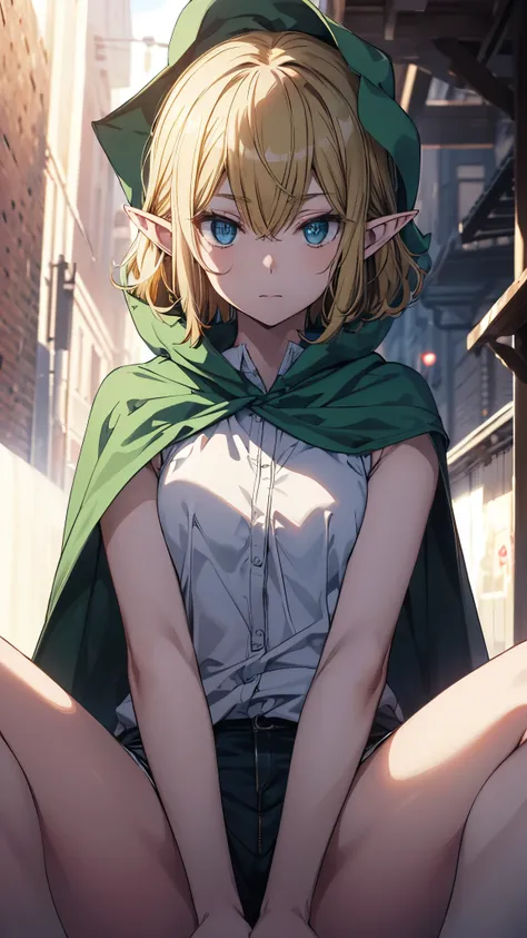 EFT_Ryu, 1girl,slender, blonde hair, solo, blue eyes, pointy ears, cloak, elf, hair between eyes, closed mouth, bangs, green cape, looking at viewer, hood,(white shirt,sleeveless,green micro shorts),thighs,sitting,(upper body:1.3),(spread legs:1.3),(legs u...