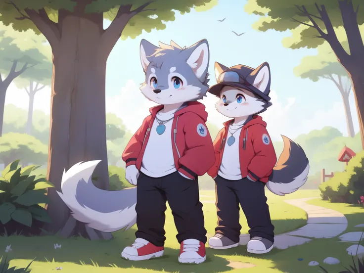 Silver Wolf, boy, alone, cuteness, blush, happy expression, Red Jacket, jeans, standing