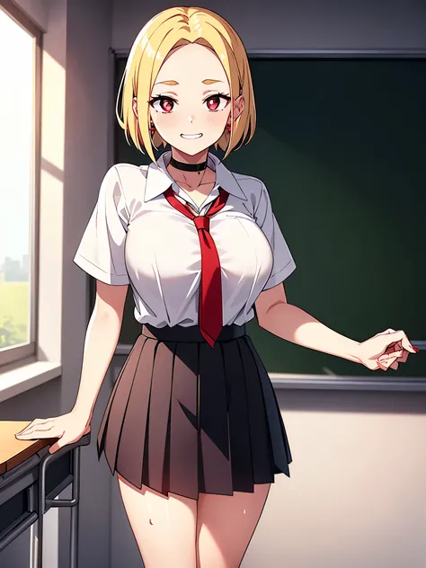 (Forehead) Grinning, perfect body gal (((Sunburn:1.3))) High school girl, white collared Y-shirt, white short sleeves, large breasts, chest, red tie, red earrings, black simple choker, summer clothes, gray flared skirt, blonde, short hair、 Long eyelashes, ...