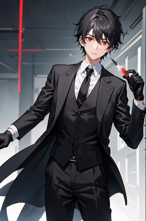 Nineteen year old boy, black hair, gray shirt suit, black vest, black tie, gray wool hat, red eyes, black gloves, holding a knife, night on the rooftop.