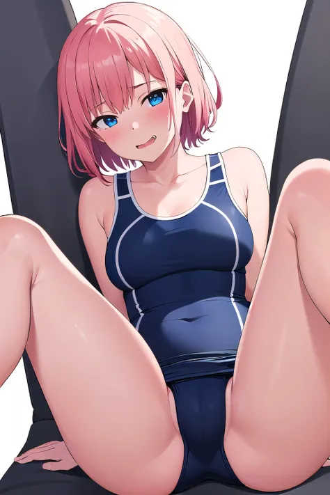 1 girl,boyish, very short hair, pink Hair, medium Breasts, School swimsuit, navy blue school swimsuit,Cowboy Shot,blush,sexy face,blue eyes,Tight fit,clearly,dot pattern, (white background:1.3), naughty face
