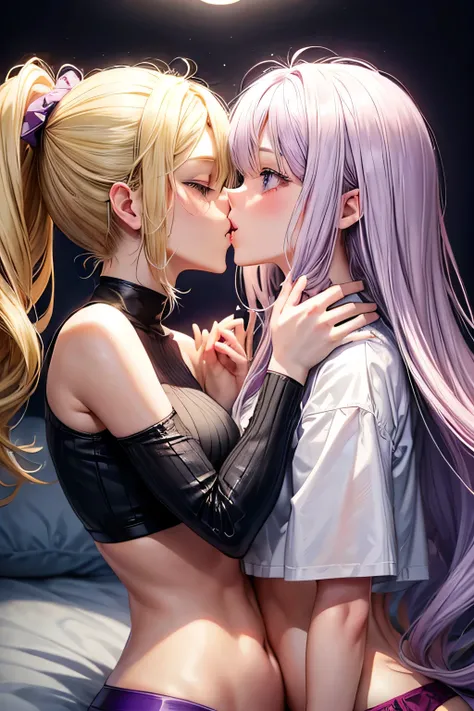 2girl, 1 blond hair, 1 light purple hair, making out, kissing, crop top, bedroom background 