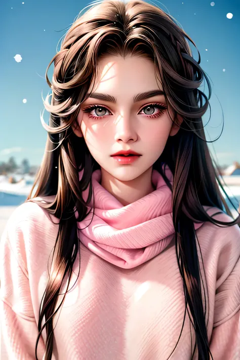 girl, long straight brown hair, Dark grey eyes, sharp features, snow-white skin, bright pink lips, Beautiful, ideal, sweater