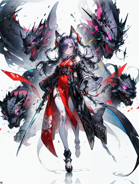 Engineering Drawings, Thin line pen drawing, dark, Futuristic silhouette of a black dragon cyborg girl, whole body, Long flowing coat, Wields a giant greatsword with a mechanical blade, Standing on a reflective surface against a minimalist light grey backg...