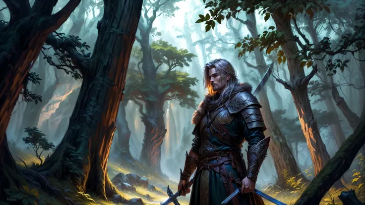 A warrior man in a forest with a sword and a dog, hold sword in the forest, fantasy rpg book illustration, roleplaying game art, detailed game art illustration, detailed game art, silvain sarrailh, detailed digital 2d fantasy art, epic fantasy digital art ...