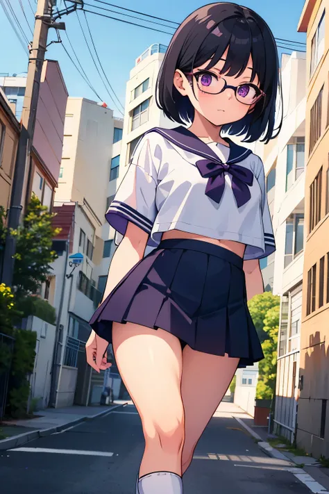 Elementary school student, 　  　Flat chest　 Black Hair 　Short Bob　 Glasses　 Purple Eyes　　（（One person）） White short-sleeved sailor suit　Navy blue mini skirt　　White panties　White socks　sneakers　School gym　Are standing　Dynamic Angle　Low - Angle