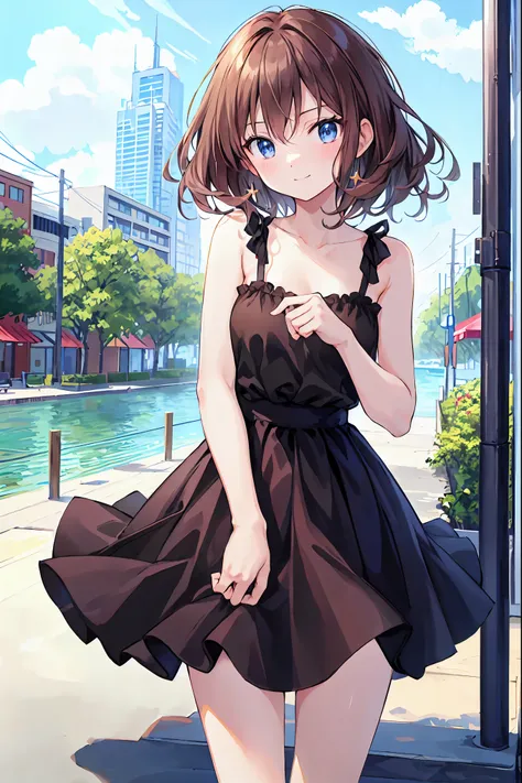 Brown Hair，Shoulder-length hair，Messy Hair，Slender beauty，Correct posture，Mid-chest，Beautiful feet，，（Cute older sister:1.3）、Long eyelashes、smile,early summer vibes、noon、Aggressive、hot、((Strong winds))、Black camisole，Her captivating grey-blue eyes shine lik...