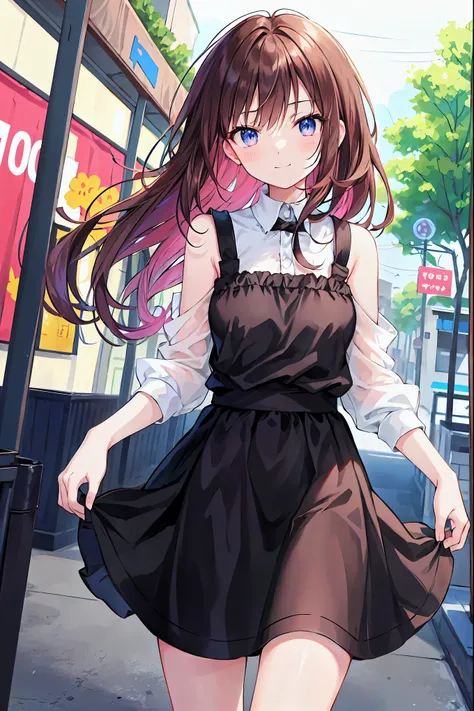 Brown Hair，Shoulder-length hair，Messy Hair，Slender beauty，Correct posture，Mid-chest，Beautiful feet，，（Cute older sister:1.3）、Long eyelashes、smile,early summer vibes、noon、Aggressive、hot、((Strong winds))、Black camisole，Her captivating grey-blue eyes shine lik...