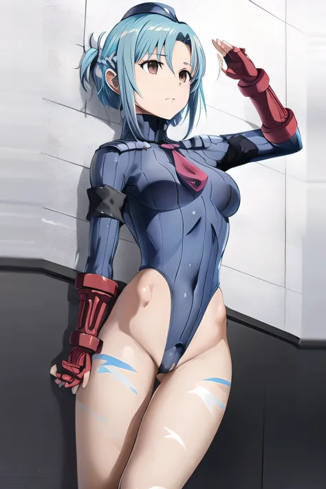 masterpiece, Highest quality, High resolution, Yuuki Asuna from sword art online,short Hair, blue Hair, Braiding, Red eyes, Expressionless,Sharp Eye,brainwashing,Mind control,((Eyeliner)),Doll Suit,stockings,Thigh-high boots,shadaloo dolls,((pantyhose)),Bl...