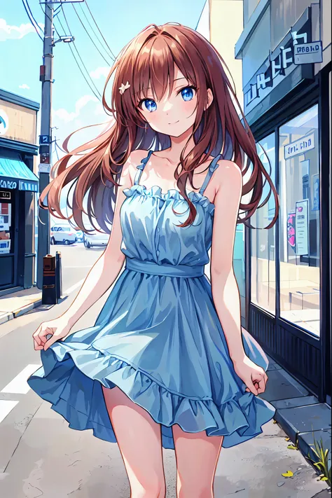 Brown Hair，Shoulder-length hair，Messy Hair，Slender beauty，Correct posture，Mid-chest，Beautiful feet，Very cute，🩷，（Cute older sister:1.3）、Long eyelashes、smile,early summer vibes、noon、Aggressive、hot、((Strong winds))、Red camisole，Her captivating grey-blue eyes ...