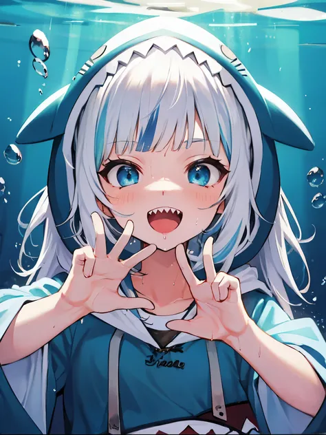 2d, masterpiece, best quality, anime, highly detailed, 1young_teen_girl, solo, gura_hoodie, blue hoodie, shark hood,, :d, sharp teeth, in_deep_sea_background , underwater_landscape,,bubble.happy,dynamic_,rise_hands,wet,claw_pose,portrait,looking_viewer,evi...