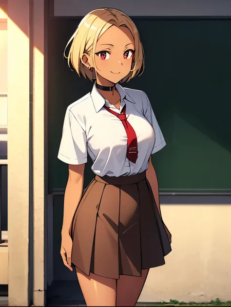 (Forehead) Grinning, perfect body gal (((Brown skin:1.3))) High school girl, white collared Y-shirt, white short sleeves, large breasts, chest, red tie, red earrings, black simple choker, summer clothes, gray flared skirt, blonde, short hair、 Long eyelashe...