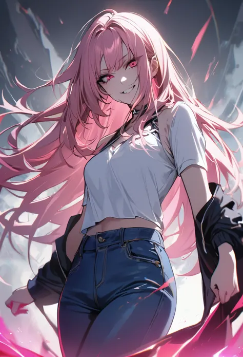 1girl, solo, pink hair, long hair, white top, blue jeans, smile, evil side, bad girl 